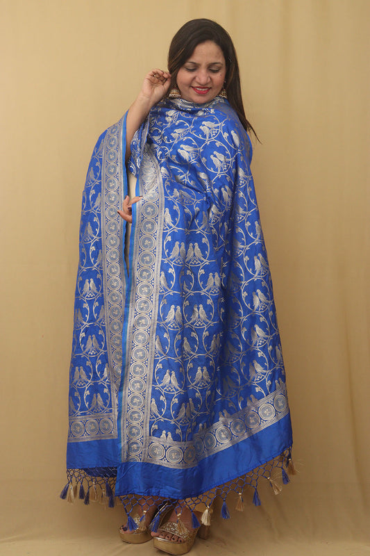 Blue Banarasi Silk Parrot Design Dupatta - Luxurion World