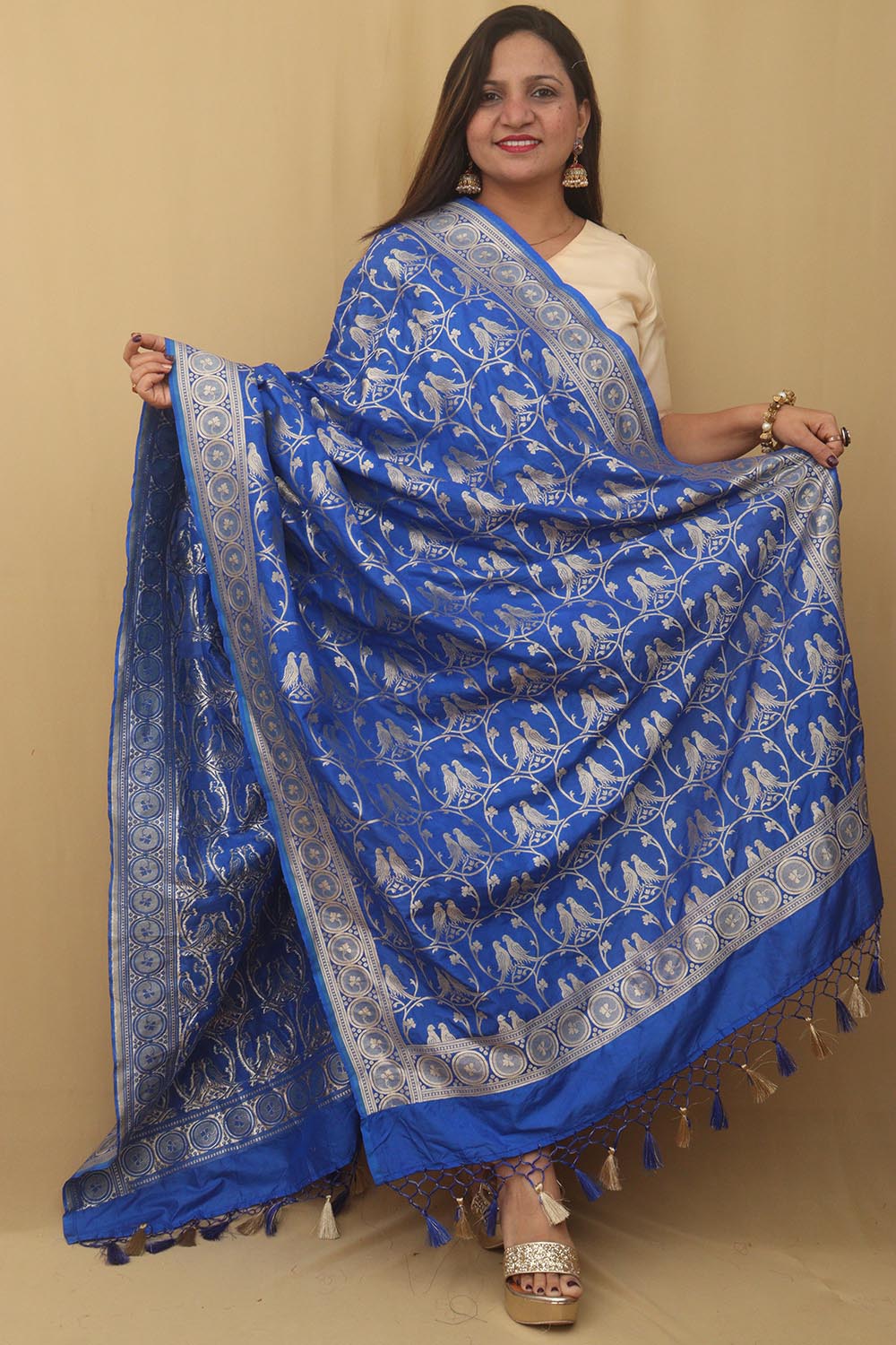 Blue Banarasi Silk Parrot Design Dupatta - Luxurion World