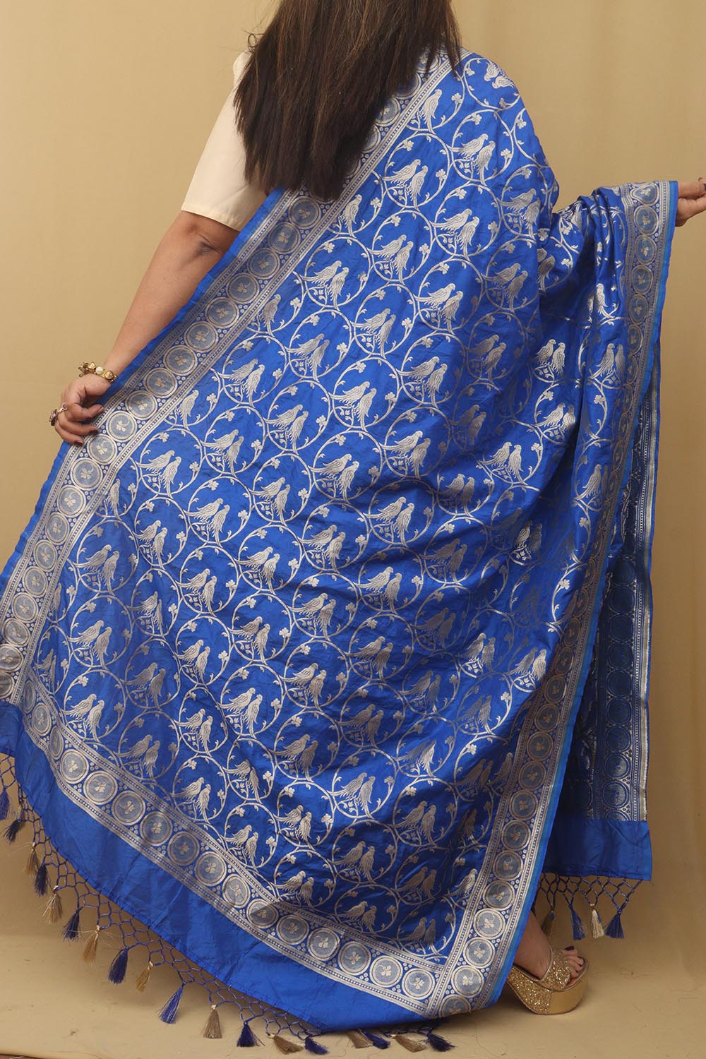 Blue Banarasi Silk Parrot Design Dupatta - Luxurion World