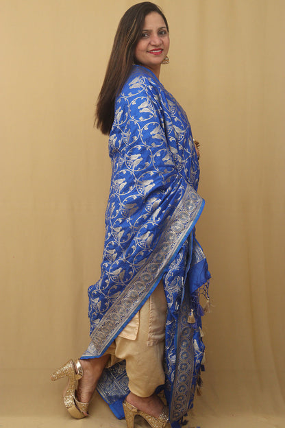 Blue Banarasi Silk Parrot Design Dupatta - Luxurion World