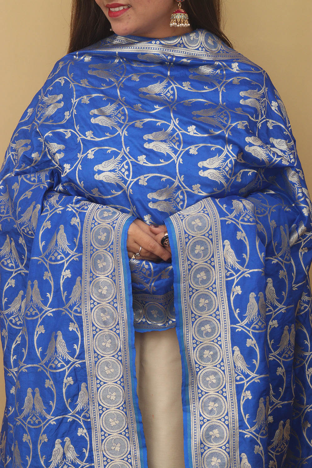 Blue Banarasi Silk Parrot Design Dupatta - Luxurion World