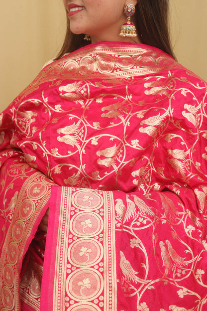 Pink Banarasi Silk Parrot Design Dupatta - Luxurion World