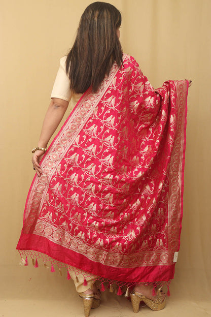 Pink Banarasi Silk Parrot Design Dupatta - Luxurion World