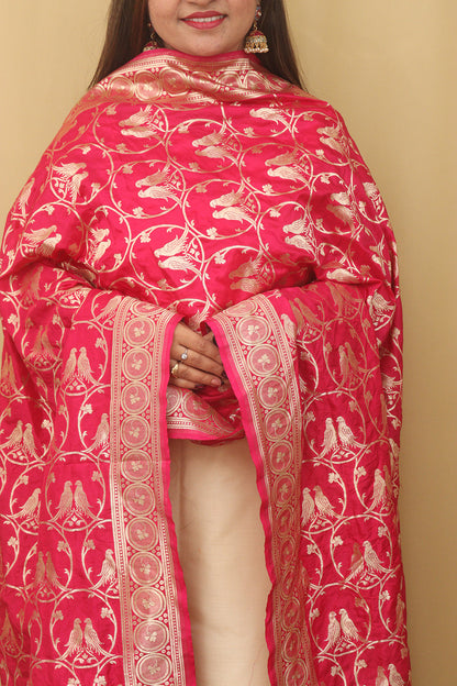 Pink Banarasi Silk Parrot Design Dupatta - Luxurion World