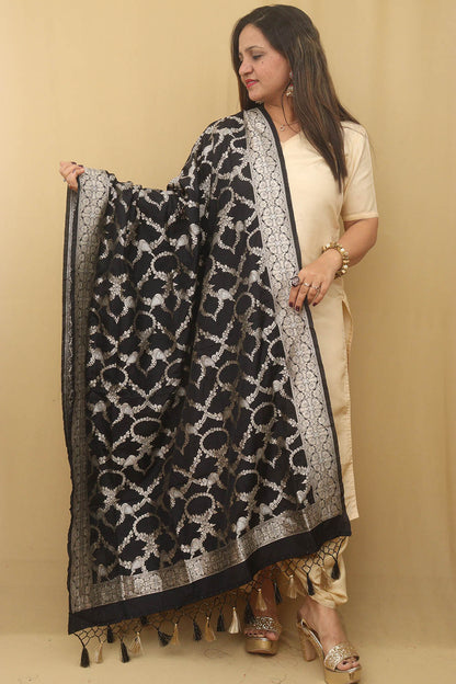 Black Banarasi Silk Sona Roopa Dupatta - Luxurion World