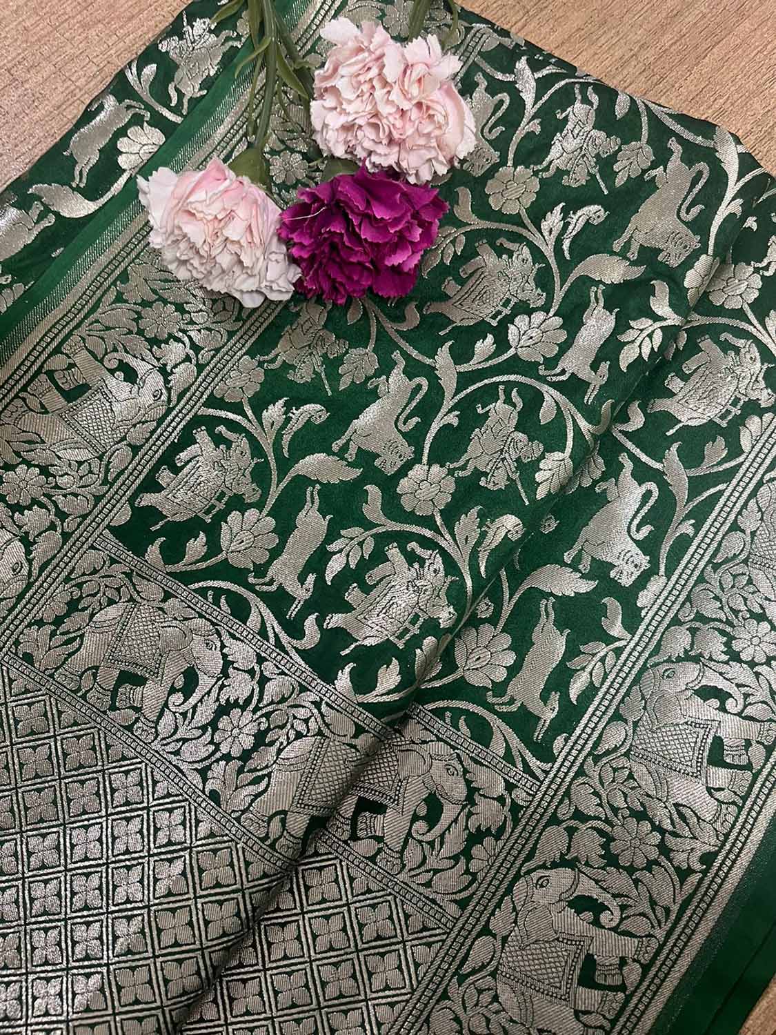 Exquisite Green Banarasi Silk Dupatta with Shikargah Design - Luxurion World