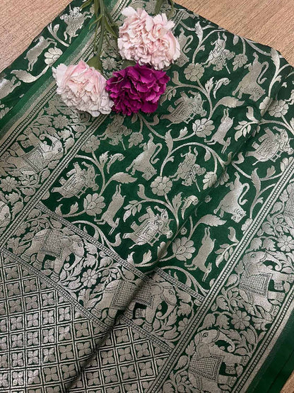Exquisite Green Banarasi Silk Dupatta with Shikargah Design - Luxurion World