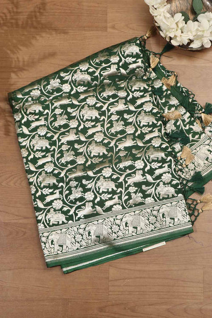 Exquisite Green Banarasi Silk Dupatta with Shikargah Design - Luxurion World