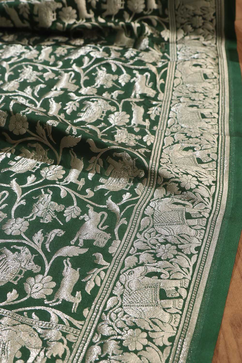 Exquisite Green Banarasi Silk Dupatta with Shikargah Design - Luxurion World