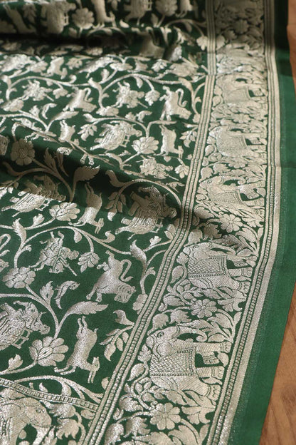 Exquisite Green Banarasi Silk Dupatta with Shikargah Design - Luxurion World