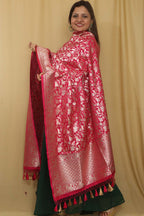 Beautiful Pink Banarasi Silk Dupatta with Shikargah Design - Luxurion World