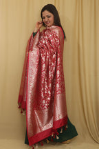 Elegant Maroon Banarasi Silk Dupatta with Shikargah Design - Luxurion World