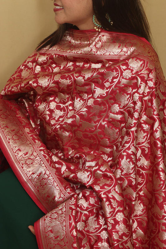 Elegant Maroon Banarasi Silk Dupatta with Shikargah Design - Luxurion World