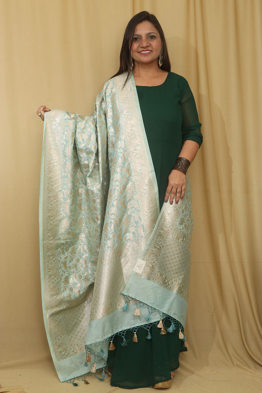 Elegant Blue Banarasi Silk Dupatta with Shikargah Design - Luxurion World
