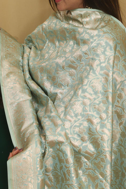 Elegant Blue Banarasi Silk Dupatta with Shikargah Design - Luxurion World