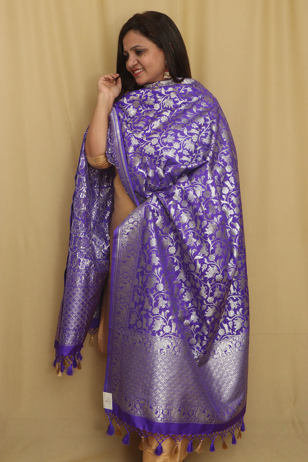 Elegant Purple Banarasi Silk Shikargah Design Dupatta - Luxurion World- Crafted Heirlooms