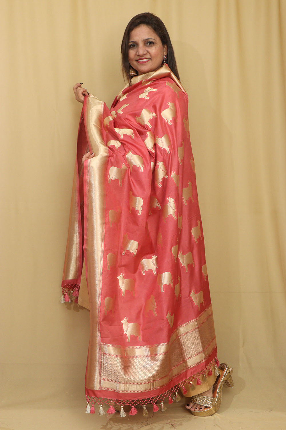 Stunning Pink Banarasi Silk Cow Design Dupatta - Elegant and Luxurious - Luxurion World