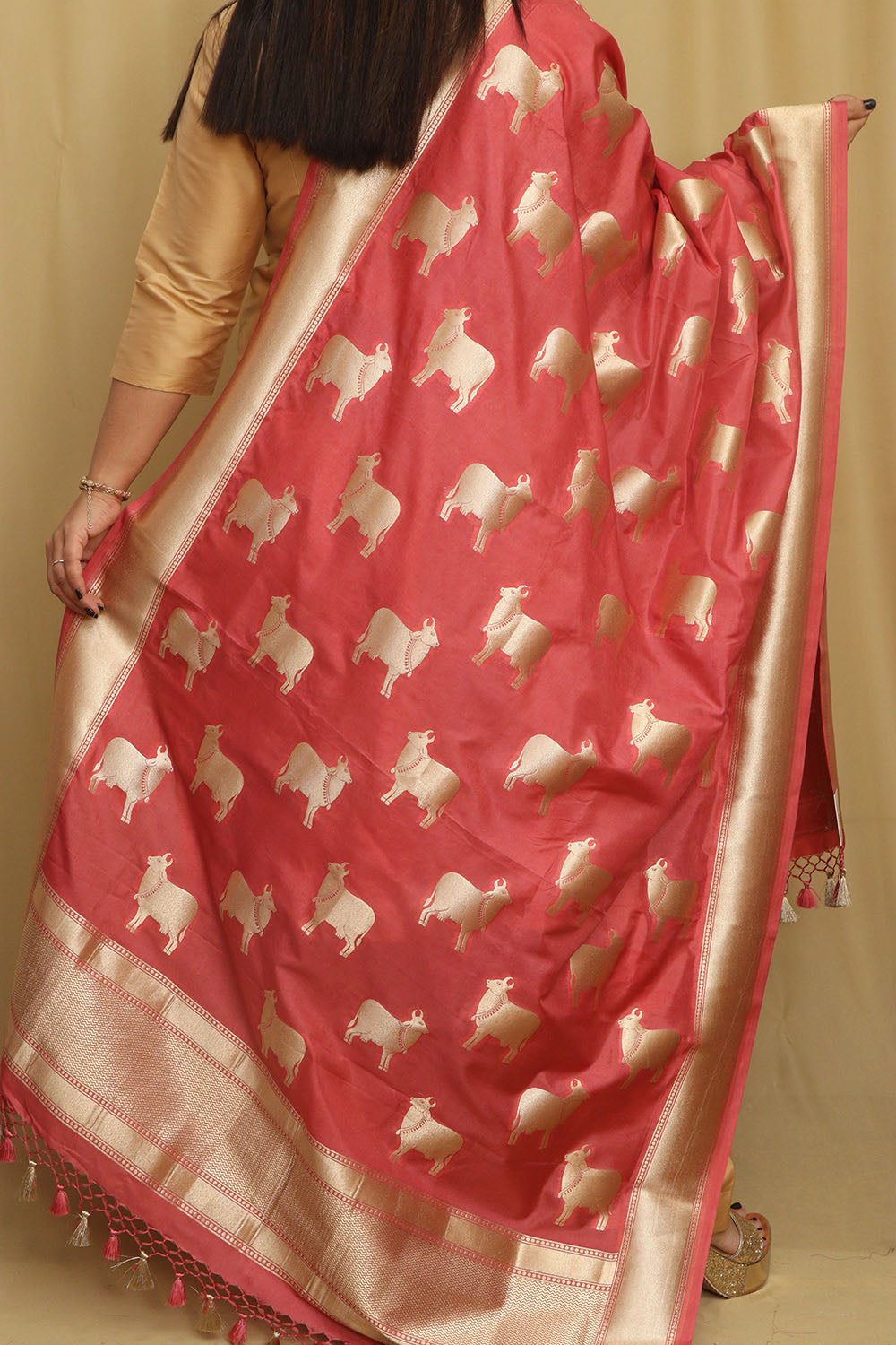 Stunning Pink Banarasi Silk Cow Design Dupatta - Elegant and Luxurious - Luxurion World
