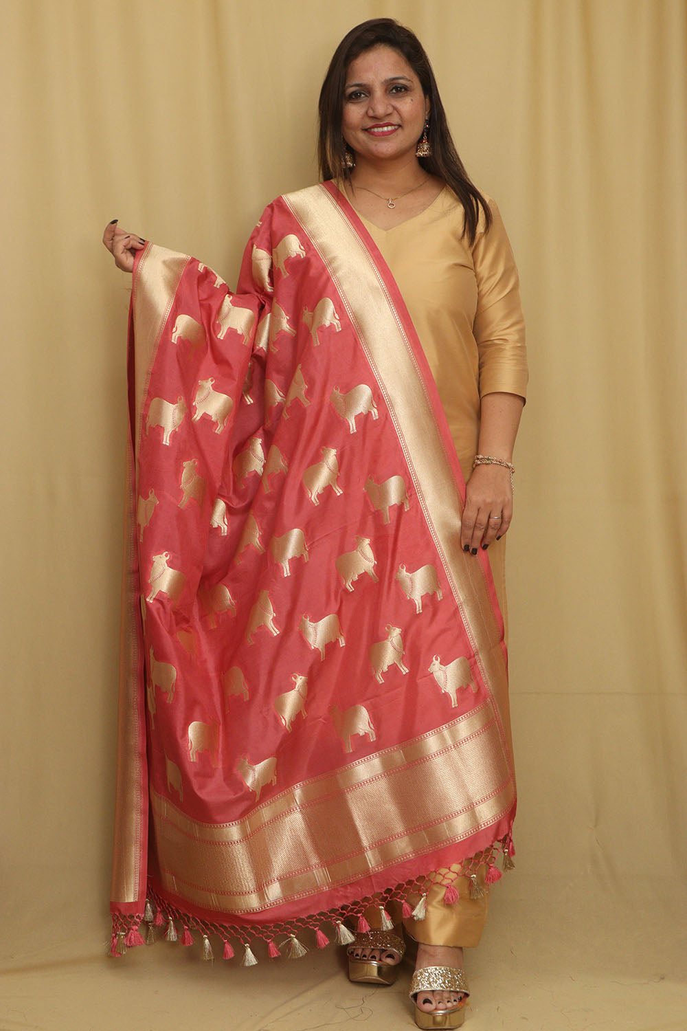 Stunning Pink Banarasi Silk Cow Design Dupatta - Elegant and Luxurious - Luxurion World