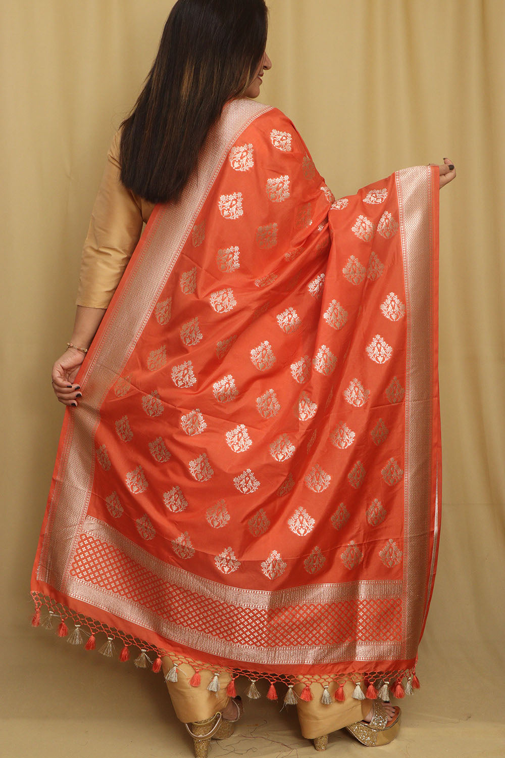 Elegant Orange Banarasi Silk Dupatta - Luxurion World
