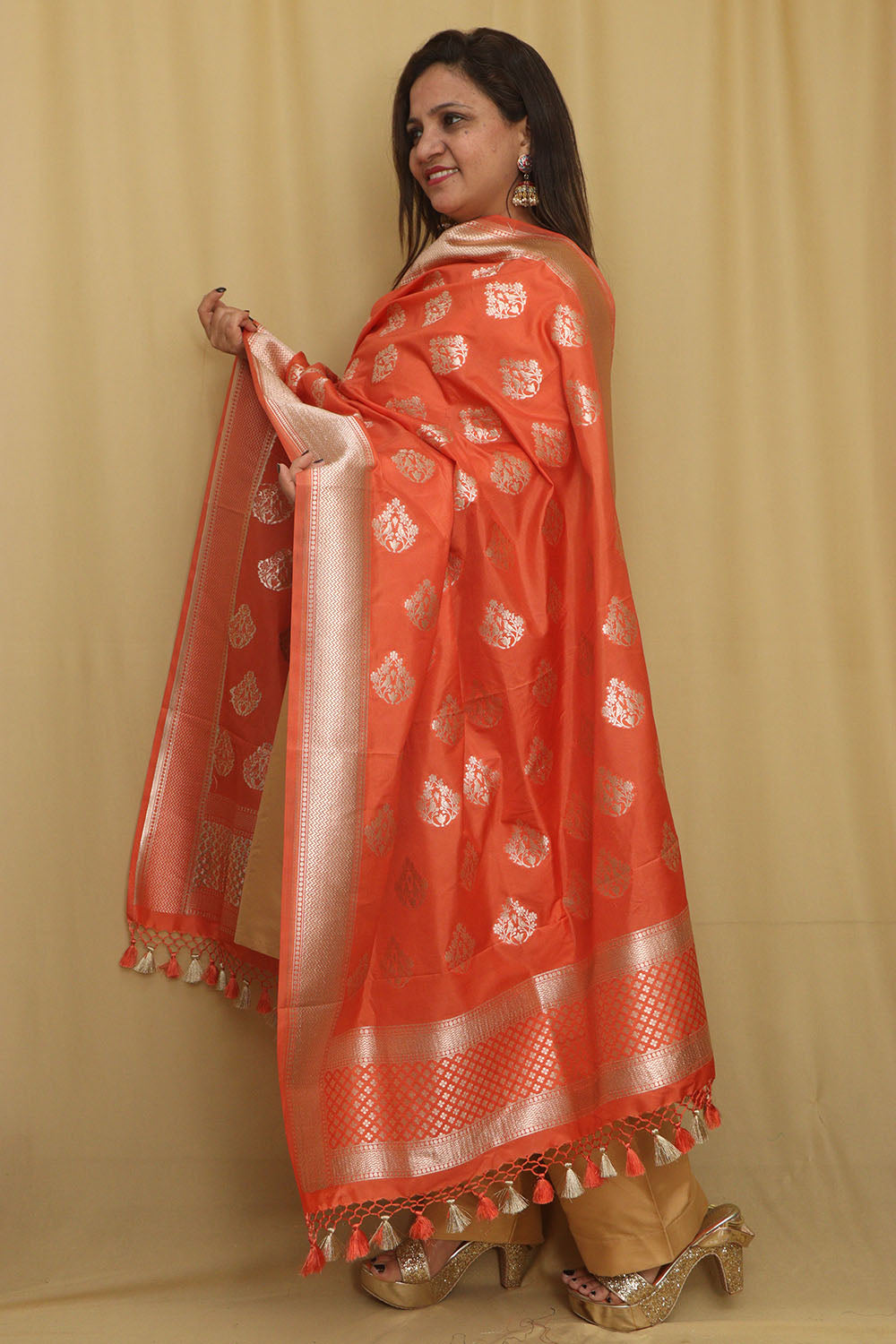 Elegant Orange Banarasi Silk Dupatta - Luxurion World