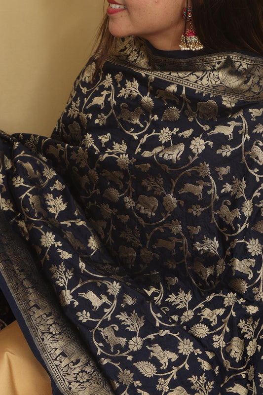 Stunning Blue Banarasi Silk Shikargah Design Dupatta - Elegant and Timeless - Luxurion World