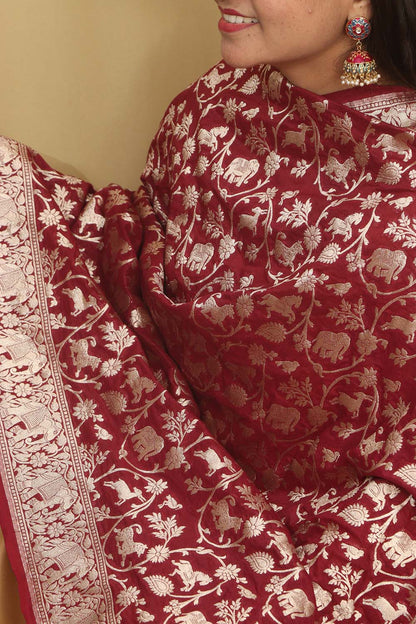 Stunning Maroon Banarasi Silk Shikargah Design Dupatta - Elegant and Luxurious - Luxurion World