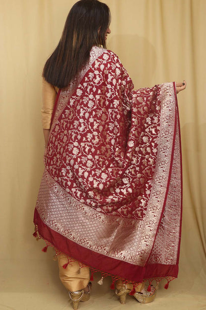 Stunning Maroon Banarasi Silk Shikargah Design Dupatta - Elegant and Luxurious - Luxurion World
