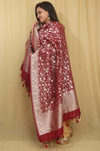 Stunning Maroon Banarasi Silk Shikargah Design Dupatta - Elegant and Luxurious - Luxurion World- Crafted Heirlooms