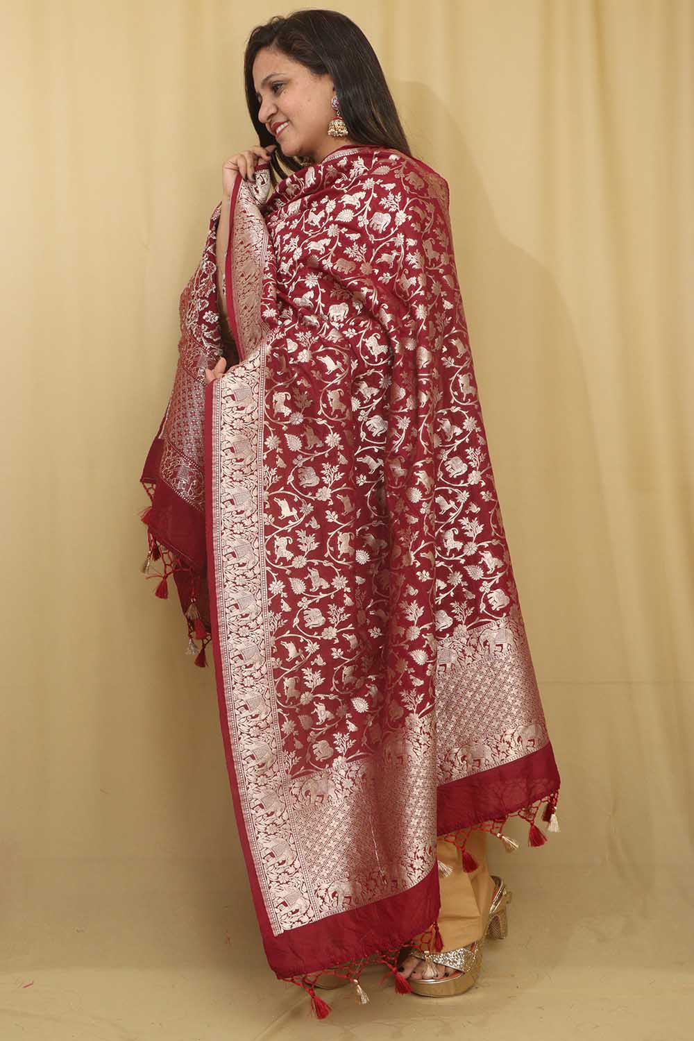 Stunning Maroon Banarasi Silk Shikargah Design Dupatta - Elegant and Luxurious - Luxurion World