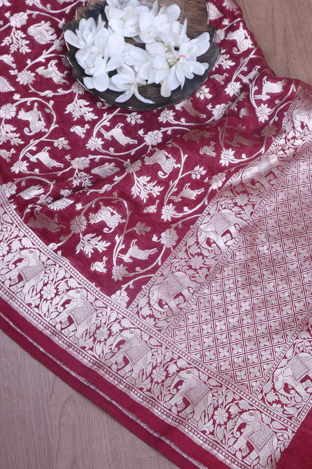 Stunning Maroon Banarasi Silk Shikargah Design Dupatta - Elegant and Luxurious - Luxurion World- Crafted Heirlooms