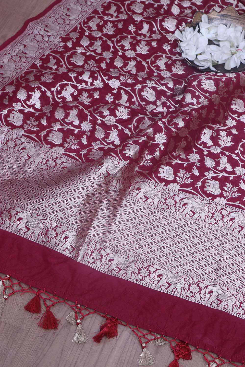 Stunning Maroon Banarasi Silk Shikargah Design Dupatta - Elegant and Luxurious - Luxurion World- Crafted Heirlooms