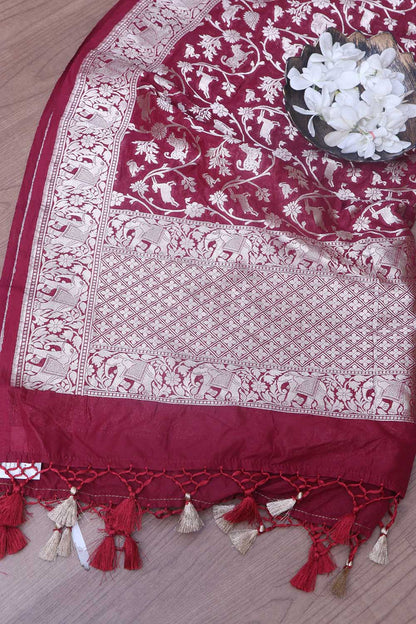 Stunning Maroon Banarasi Silk Shikargah Design Dupatta - Elegant and Luxurious - Luxurion World