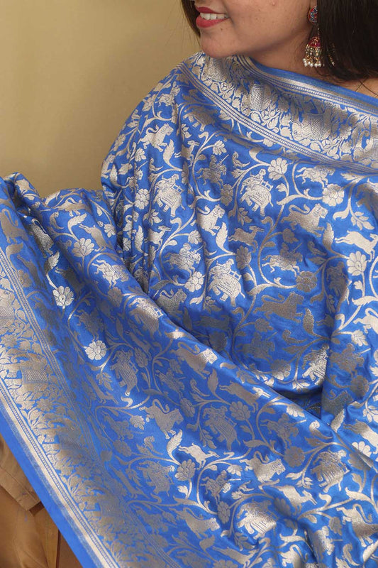 Elegant Blue Banarasi Silk Shikargah Design Dupatta - Luxurion World