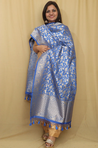 Elegant Blue Banarasi Silk Shikargah Design Dupatta - Luxurion World