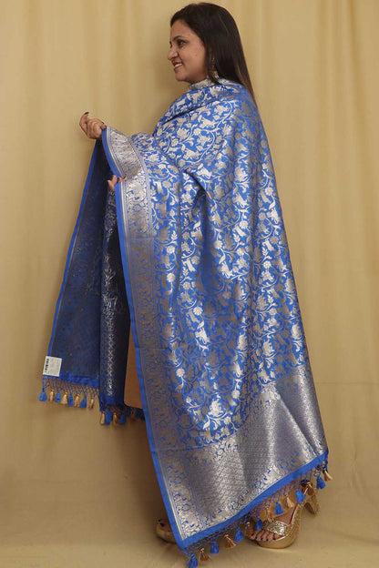 Elegant Blue Banarasi Silk Shikargah Design Dupatta - Luxurion World