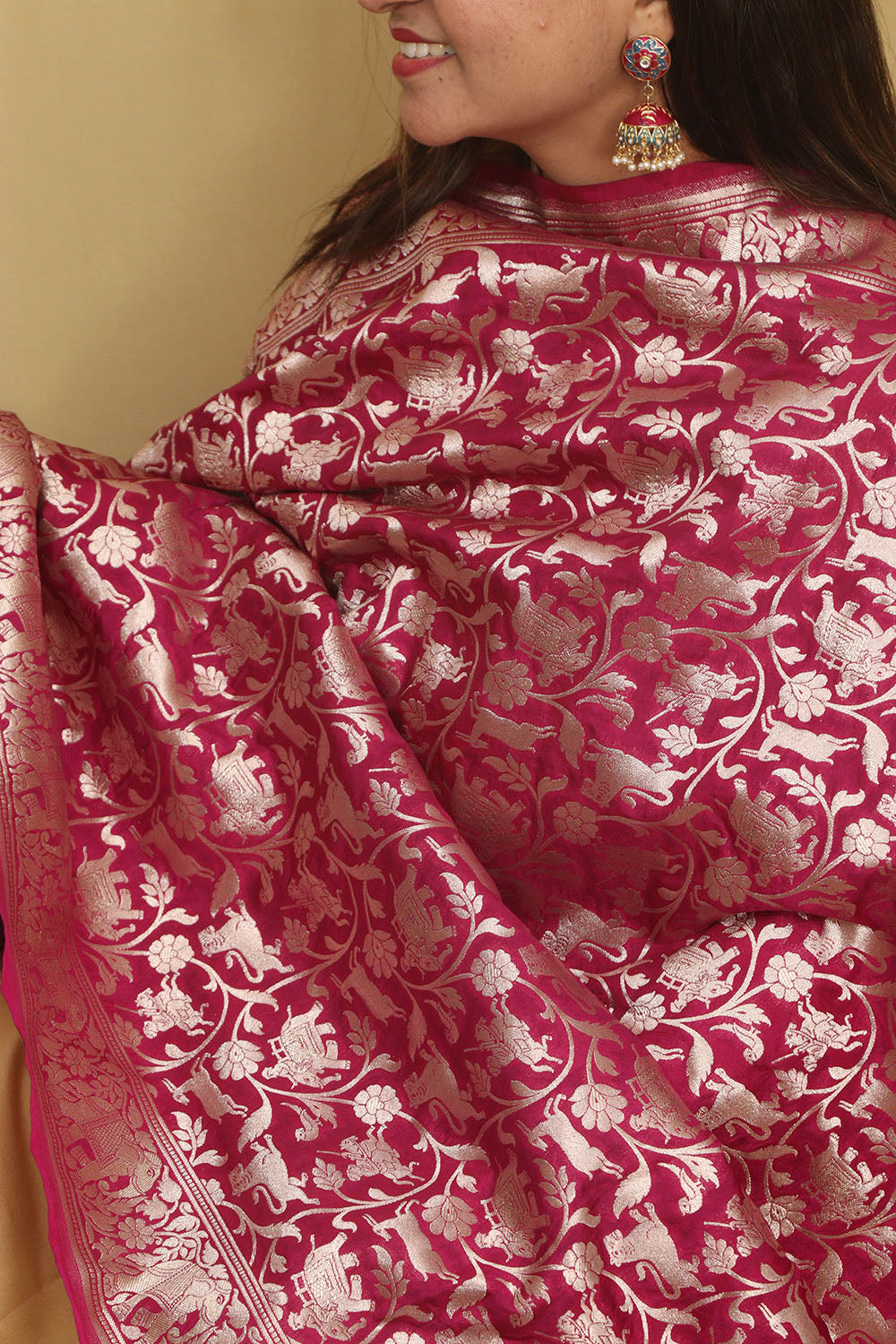 Elegant Pink Banarasi Silk Shikargah Design Dupatta - Luxurion World- Crafted Heirlooms