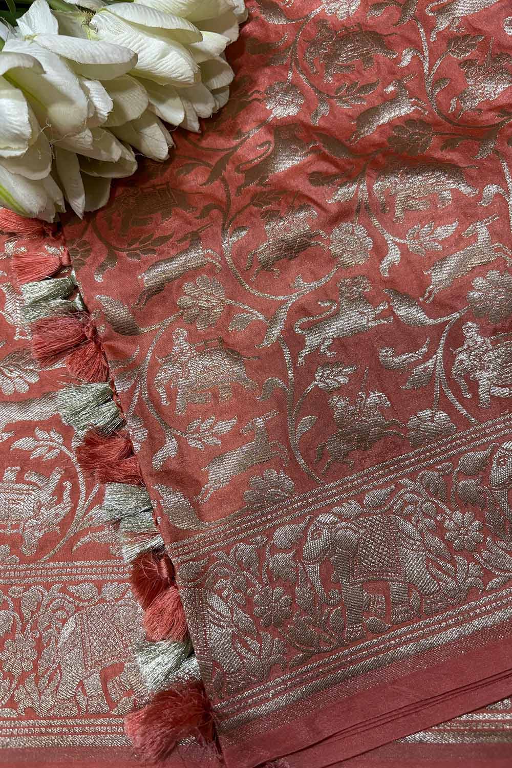 Peach Banarasi Silk Shikargah Design Dupatta - Luxurion World- Crafted Heirlooms