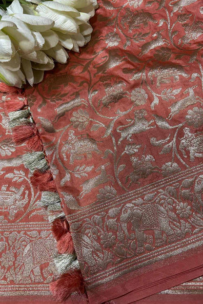 Peach Banarasi Silk Shikargah Design Dupatta - Luxurion World