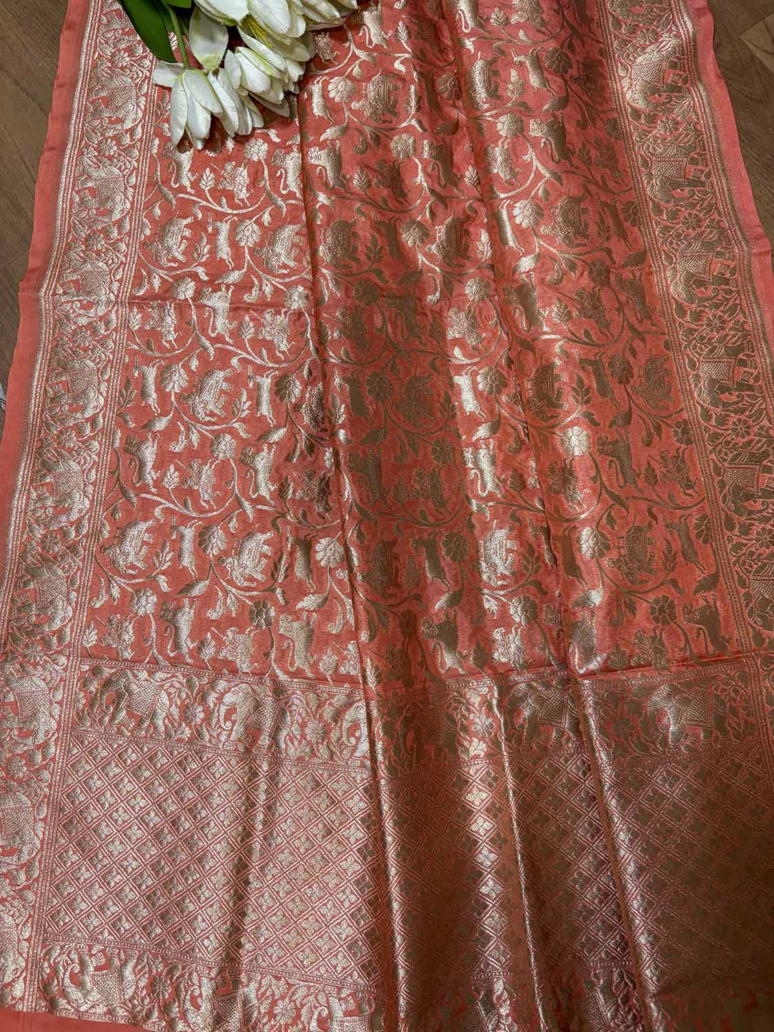 Peach Banarasi Silk Shikargah Design Dupatta - Luxurion World- Crafted Heirlooms
