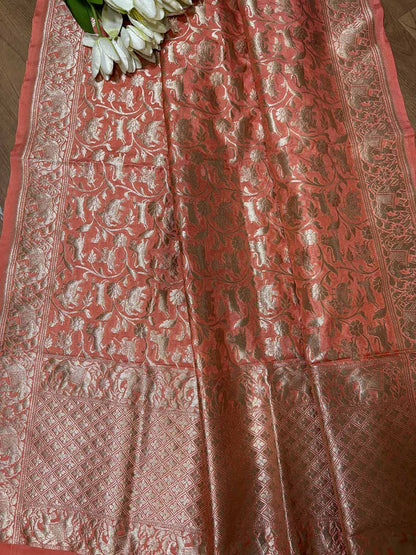 Peach Banarasi Silk Shikargah Design Dupatta - Luxurion World