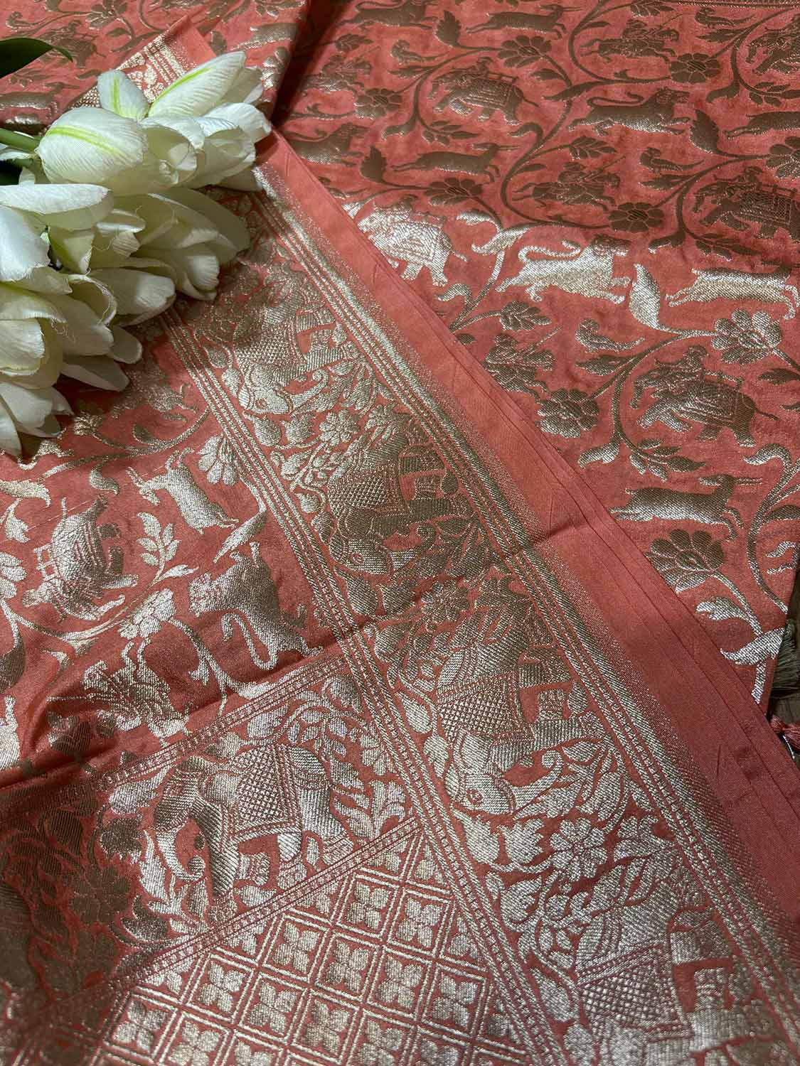 Peach Banarasi Silk Shikargah Design Dupatta - Luxurion World