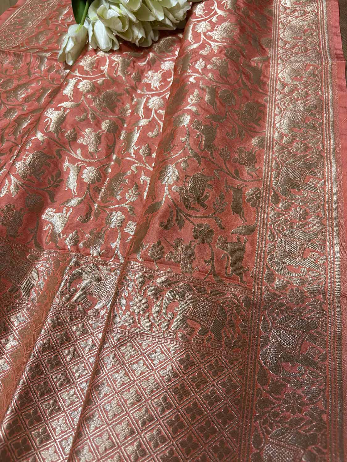 Peach Banarasi Silk Shikargah Design Dupatta - Luxurion World- Crafted Heirlooms