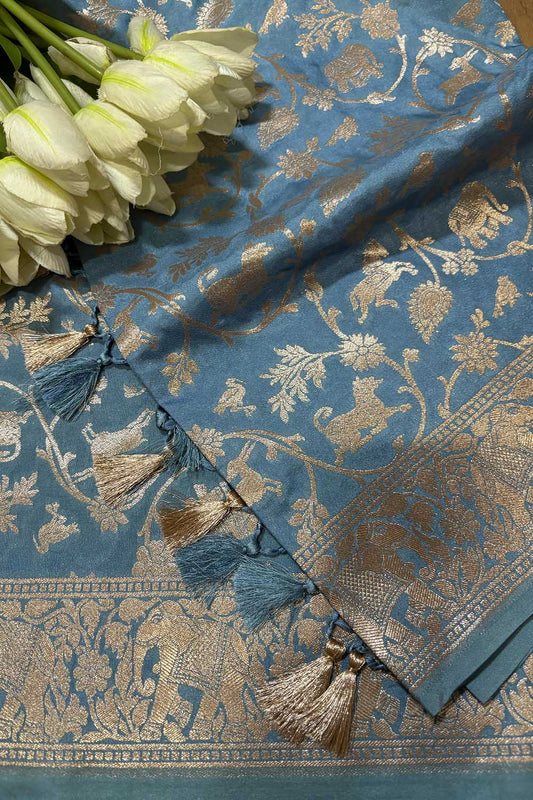 Blue Banarasi Silk Shikargah Design Dupatta - Luxurion World