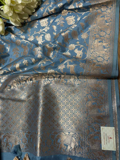 Blue Banarasi Silk Shikargah Design Dupatta - Luxurion World