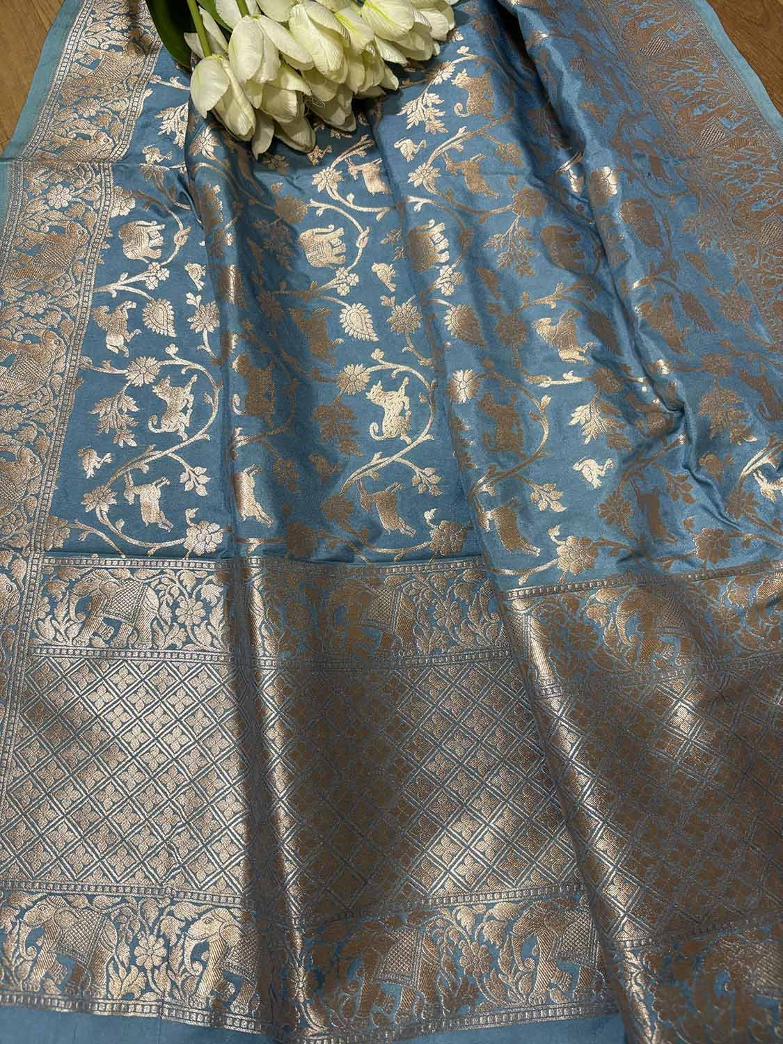 Blue Banarasi Silk Shikargah Design Dupatta - Luxurion World- Crafted Heirlooms