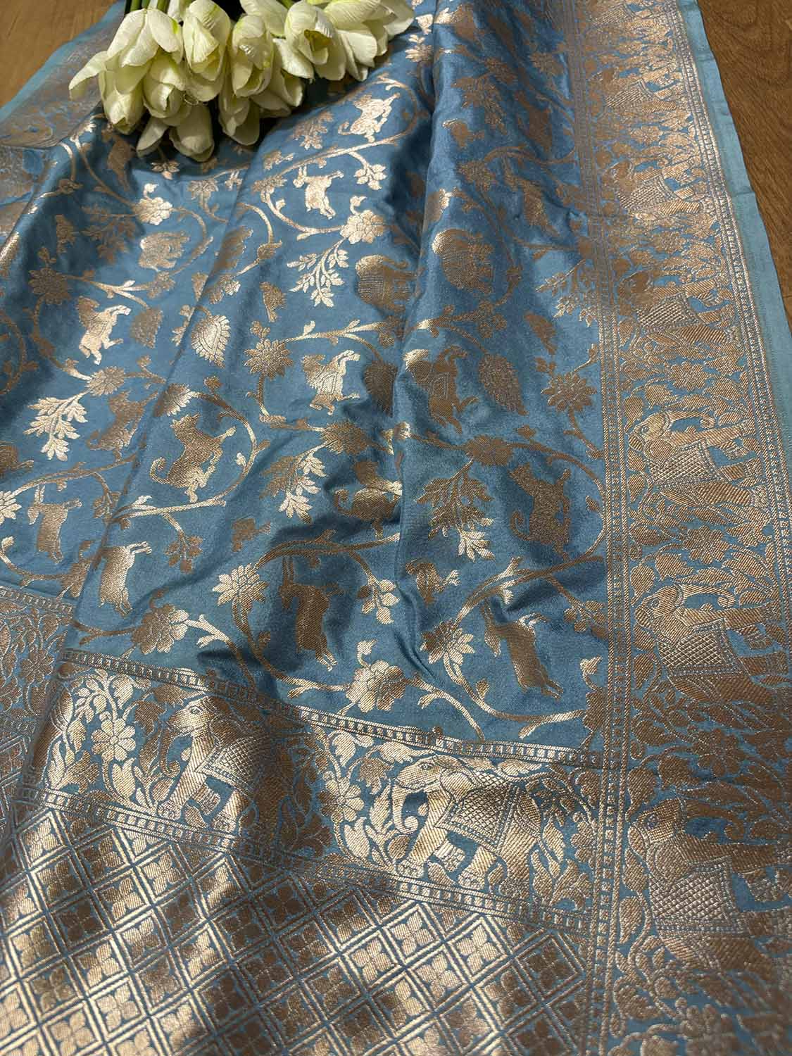 Blue Banarasi Silk Shikargah Design Dupatta - Luxurion World- Crafted Heirlooms