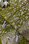 Green Banarasi Silk Shikargah Design Dupatta - Luxurion World- Crafted Heirlooms