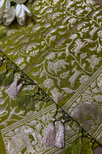 Green Banarasi Silk Shikargah Design Dupatta - Luxurion World- Crafted Heirlooms