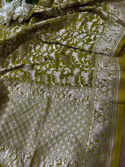 Green Banarasi Silk Shikargah Design Dupatta - Luxurion World